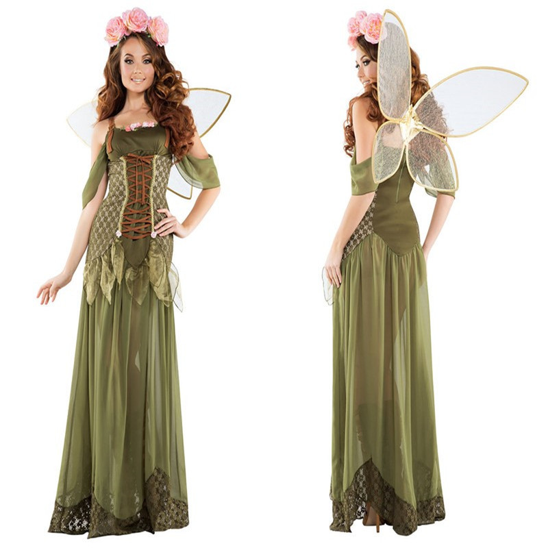 Women's Halloween Role-Play Forest Princess Costume Green Off Shoulder Long Dress Sets Style