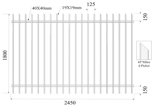45 degree mitred Picket 19mmx19mm H1800mmxW2450mm Rail 40mm x 2 Black Powder