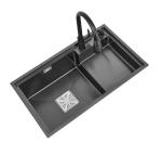 Black Double-bowl Stainless Steel Basin Included Accessories and Drainer