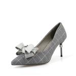 ZM035 9871-2 Plaid New Pointed Bowknot Diamond Ladies High-Heeled Shoes