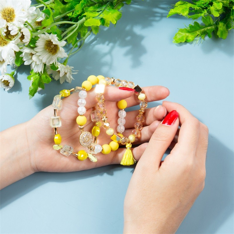 Yellow Tassel Boho Woven Elastic Stackable Bracelet Pack For Teens