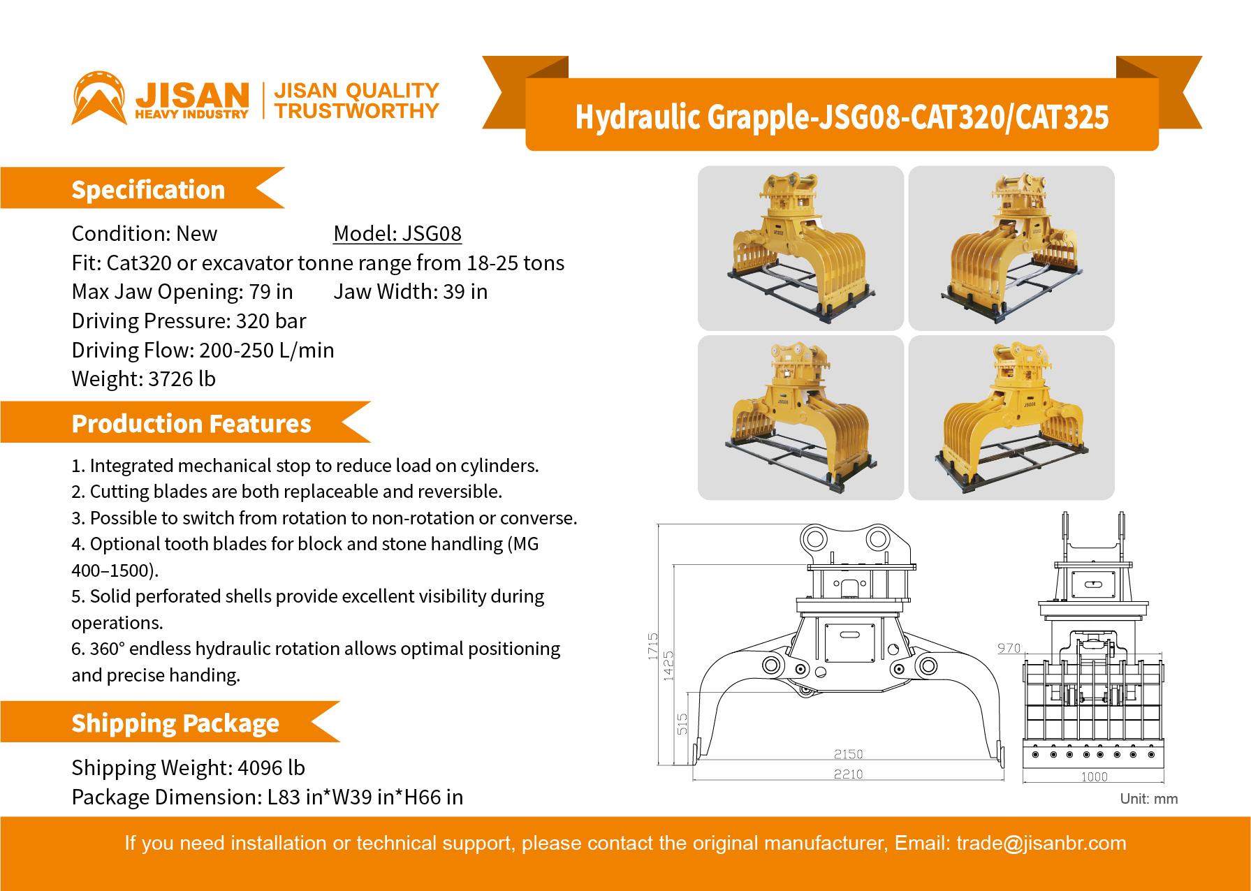Square Rotating Demolition Grapple , Excavator Hydraulic Stone Sorting Grab