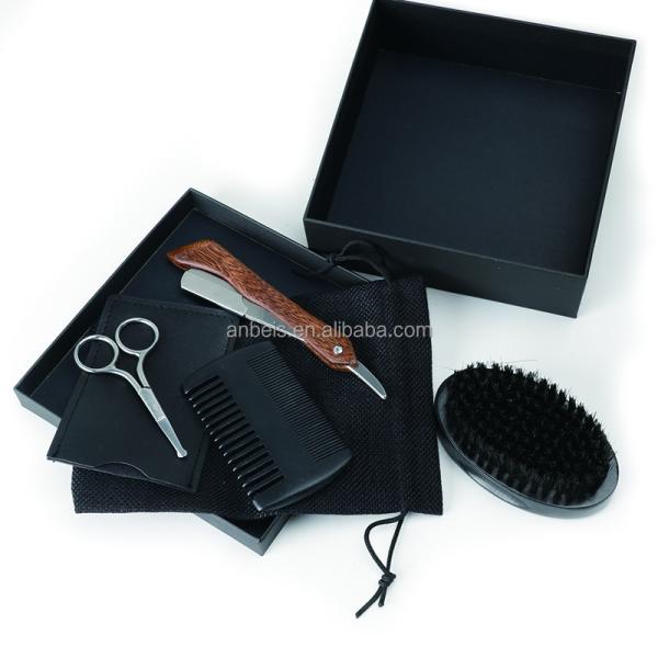 Customize Logo Black Beard Brush And Comb Set With Beard Razor Shaving Scissors
