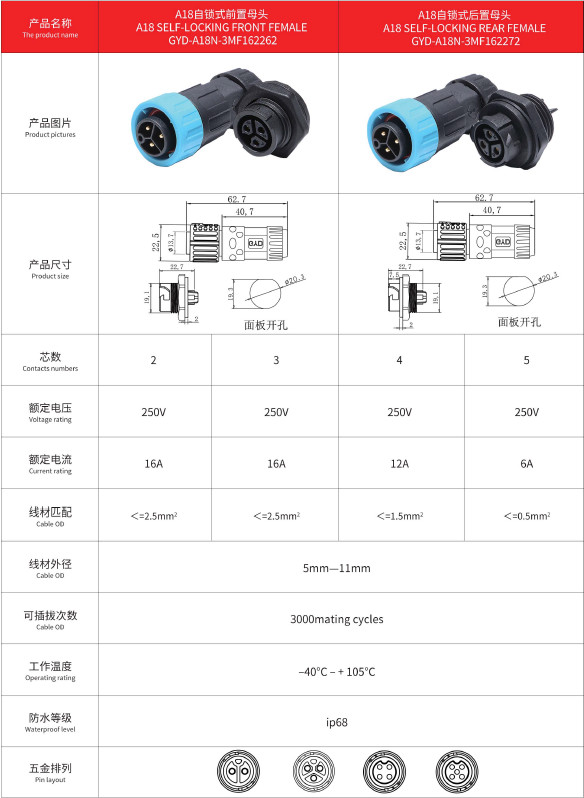 A18 Solar Panel Self Locking Male Female 3pin IP67 IP68 Molding Waterproof Extension Cable Connector For Power 20A