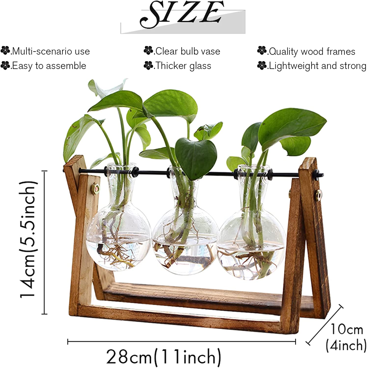 Desktop Glass Planter Plant Terrarium with Retro Solid Wooden Stand and Metal Swivel Holder for Home Office Decorations