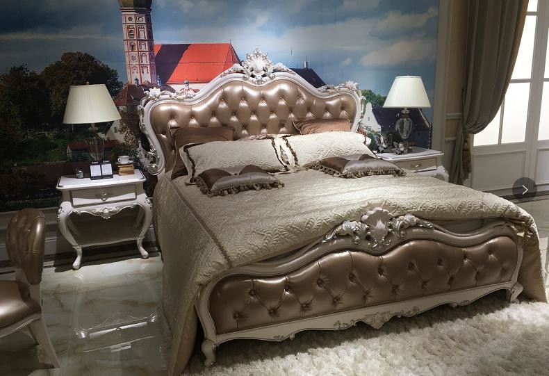 French Classical European Solid Wood Furniture Flower Craft 3D Manual Bed