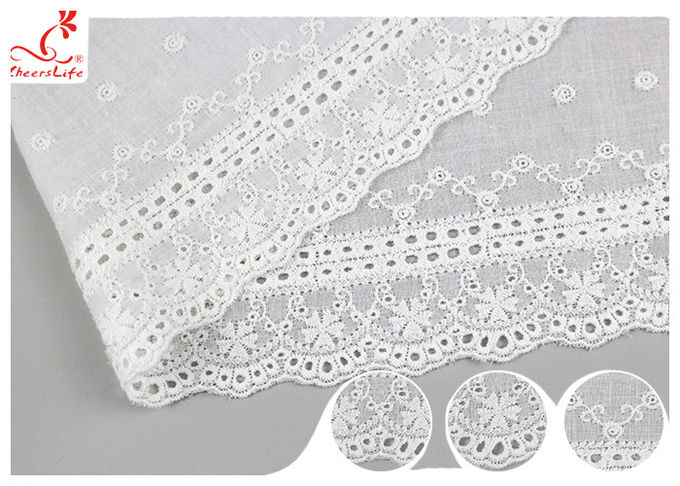 White Cotton Lace Fabric / Eyelet Lace Trim Ribbon With Floral Lace Scalloped Edge DTM Color Dyeing