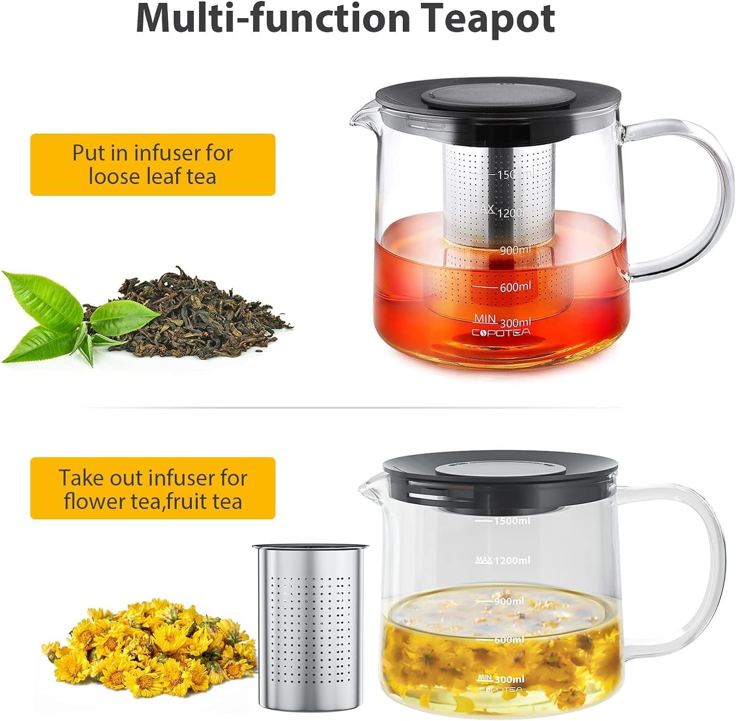 Removable Filter Spout Glass Teapot for Loose Leaf and Blooming Tea 30.4oz Clear Teapots