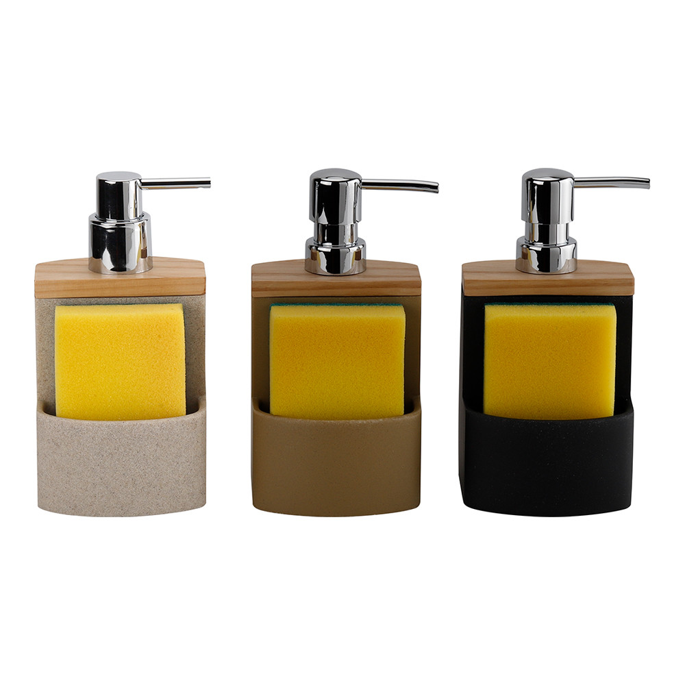 2N1 Sand stone soap dispenser Faux wood top with ABS pump head and sponge kitchen utensil caddy soap pump