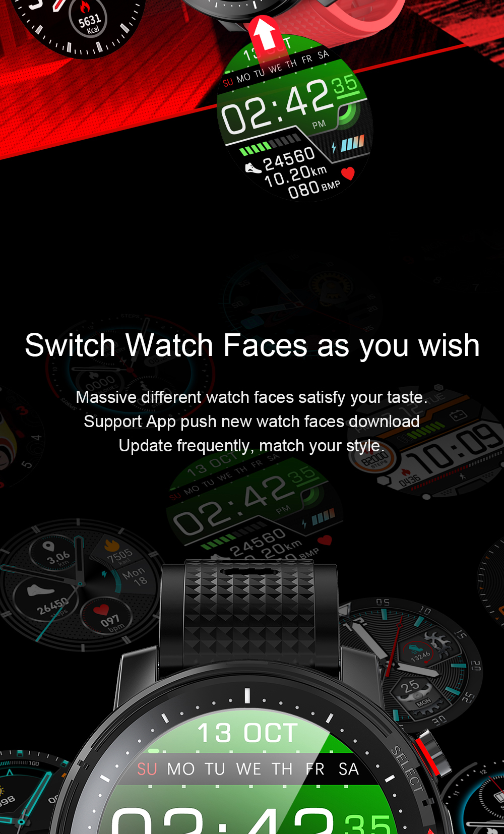 Android Smart Watch Music Control Round Sports IP68 Waterproof