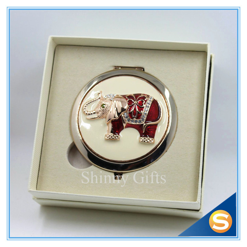 Shinny Gifts Elephant Design Handmade Round Compact Mirror Portable Small Mirror