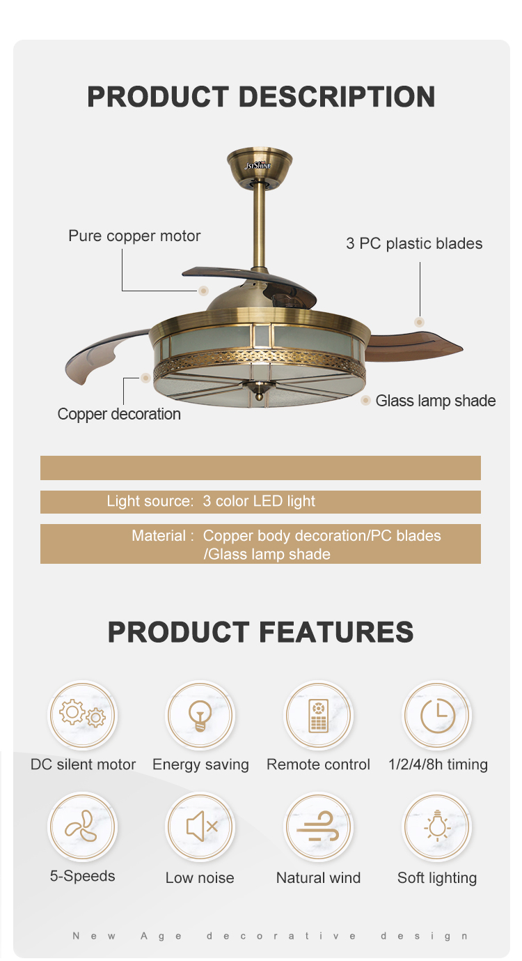 Cooling Air and Light Function 1stshine Copper Decorative LED Ceiling Fan 3*PC Blades