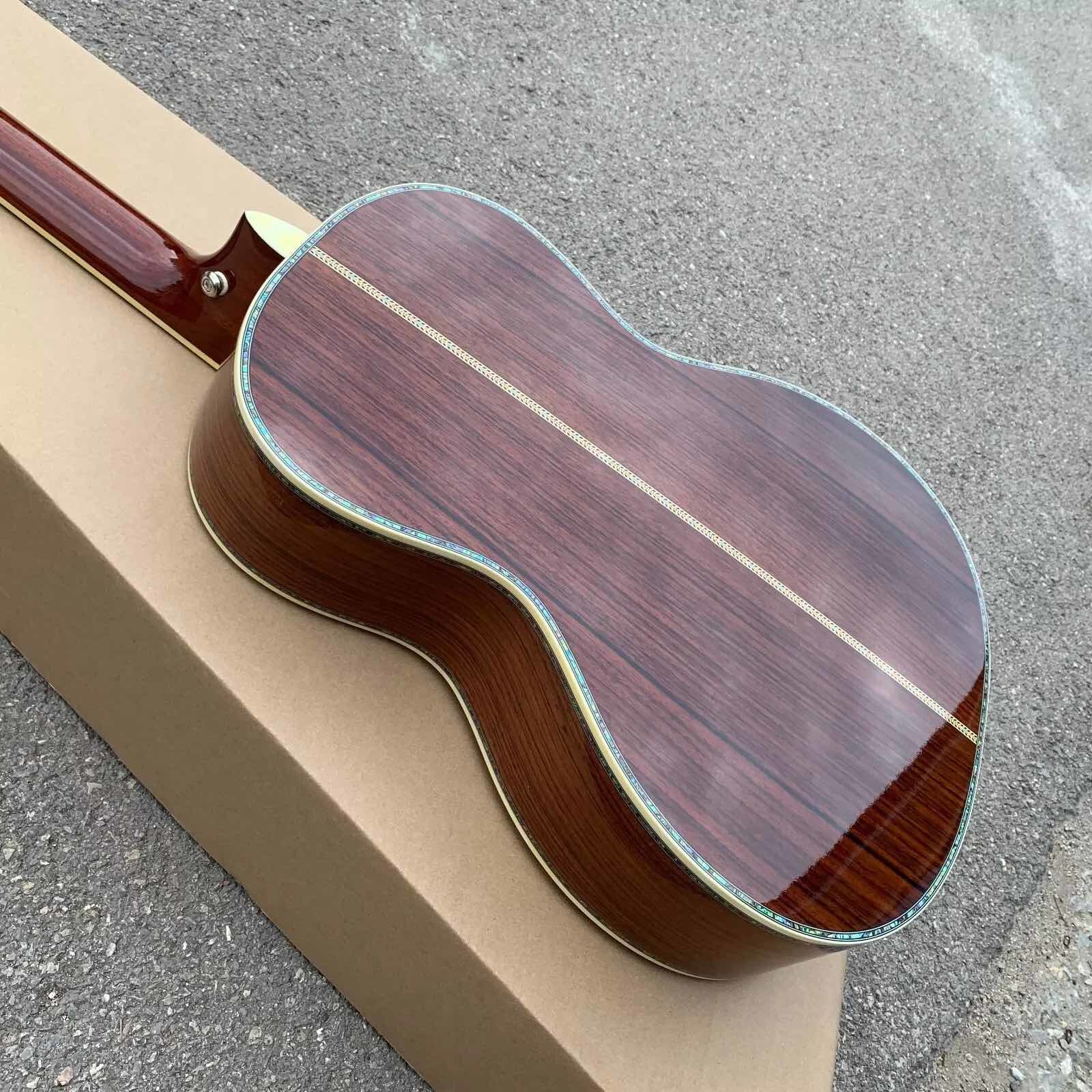 Yellow Painting Solid Spruce Top 39 Inch 000 Type Acoustic Guitar Abalone Ebony Open Headstock