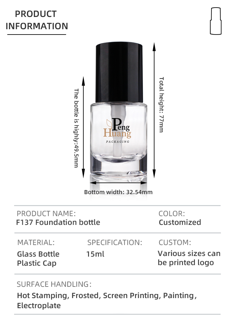 15ml Round Clear Empty Glass Foundation Bottle With Black Plastic Cap