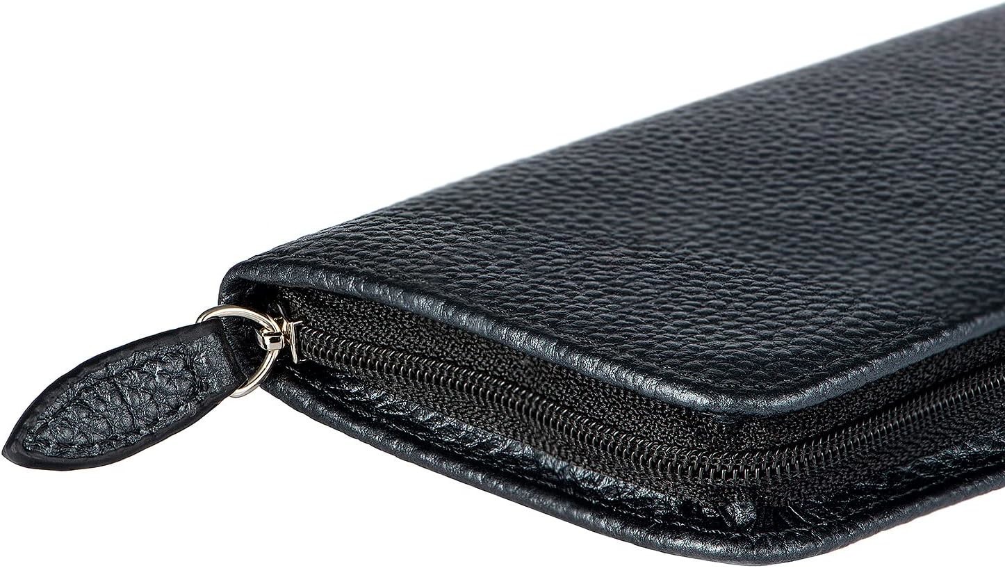Genuine Leather Fountain Pen Case 3 Divided Slots Black Color, Zippered Pen Case Pouch