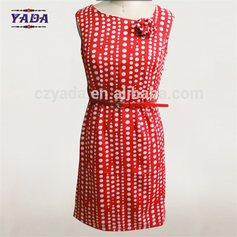 Ladies fashion print elegant tight waist dress women lady with handmade flower