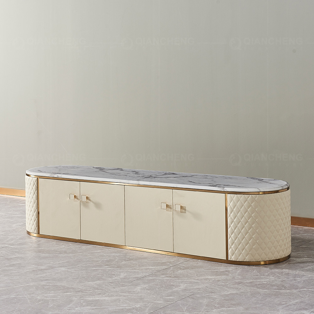 Pink Mid Century Golden Stainless Steel 78" TV Stand With 4 Doors