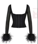 Custom Clothing Women'S Square Neck Long Sleeve Slim Short Top WITH Boning