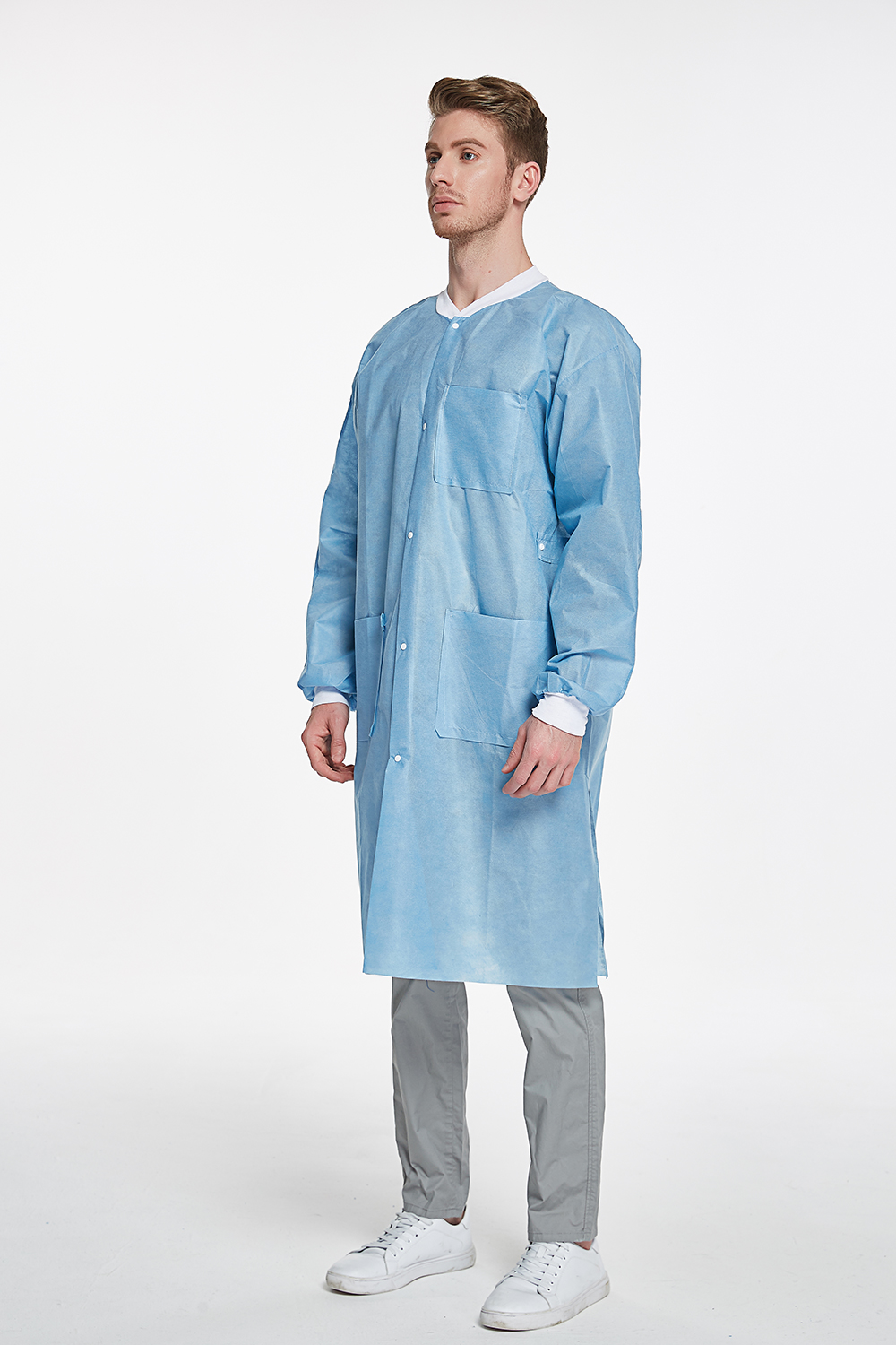 Manufacture Supplier Non woven SMS Disposable wear Lab Coat With Knit Cuffs and Collar