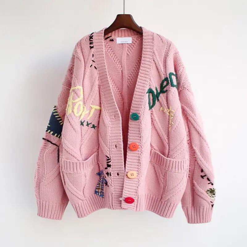 Designer Women Chunky Sweater Cardigan Autumn Winter Drop Shoulder Button Front Embroidery Loose Knit Cardigan Sweater Coat