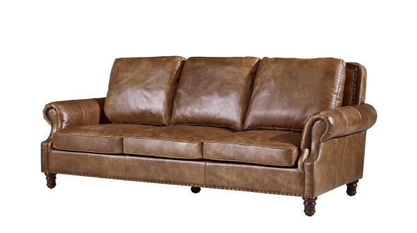 American Retro Vintage Three Seater Leather Sofa Solid Wood Frame With Rolled