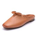 S478 Summer New Leather Women'S Shoes Lotus Leaf Lace Lazy Flat With Apricot