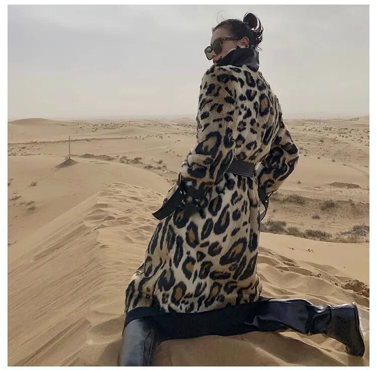 Long Faux Fur Leopard Trench Coat Trimmed Fur for Women in Winter Fur Long Line Leopard Print Winter Jacket
