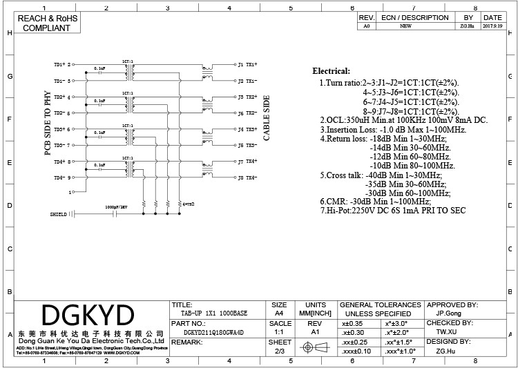 DGKYD211Q180GWA4D RJ45 Single Port With Transformer 10Pin Connector