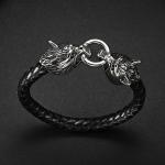 Hot Sales PU Leather Stainless Steel Double Wolf Heads Bracelet