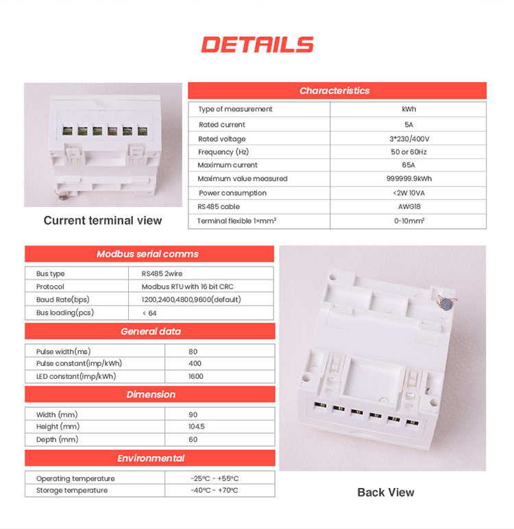 Output Voltage 3*230/400V high precision DC connected 3 phase electric meter with jammer