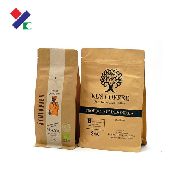 Printed Flat Bottom Kraft Paper Bag 340g Half Gusset Zipper Valve For Coffee