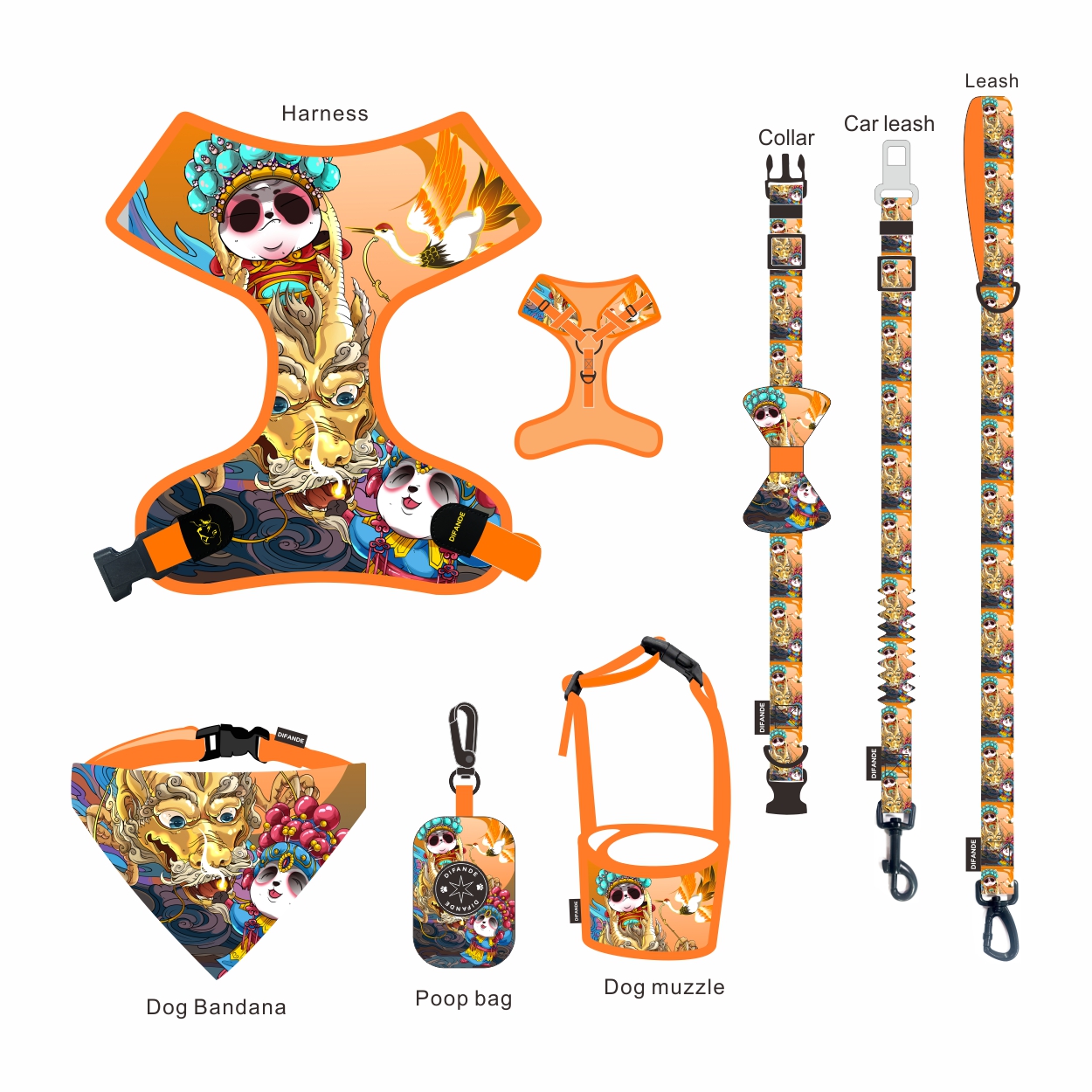 7 In 1 Collar Leash Harness Set OEM Dog Bandana Set With Matching Collar Leash