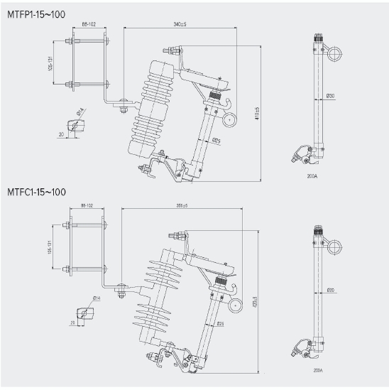 MTFP1 MTFC1 Series Fuse Cutout drawing