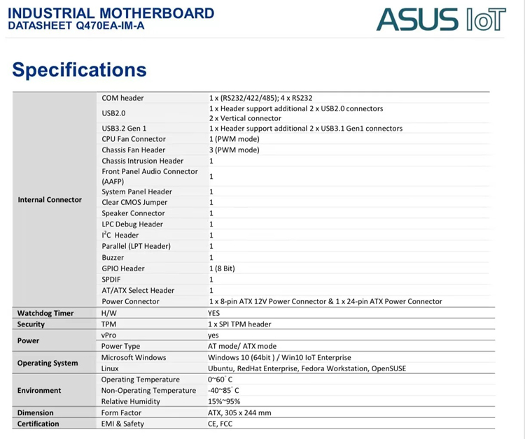 LGA1200 Socket Asus Industrial Motherboard For 10th Gen Processors ASUS IOT Q470EA-IM-A