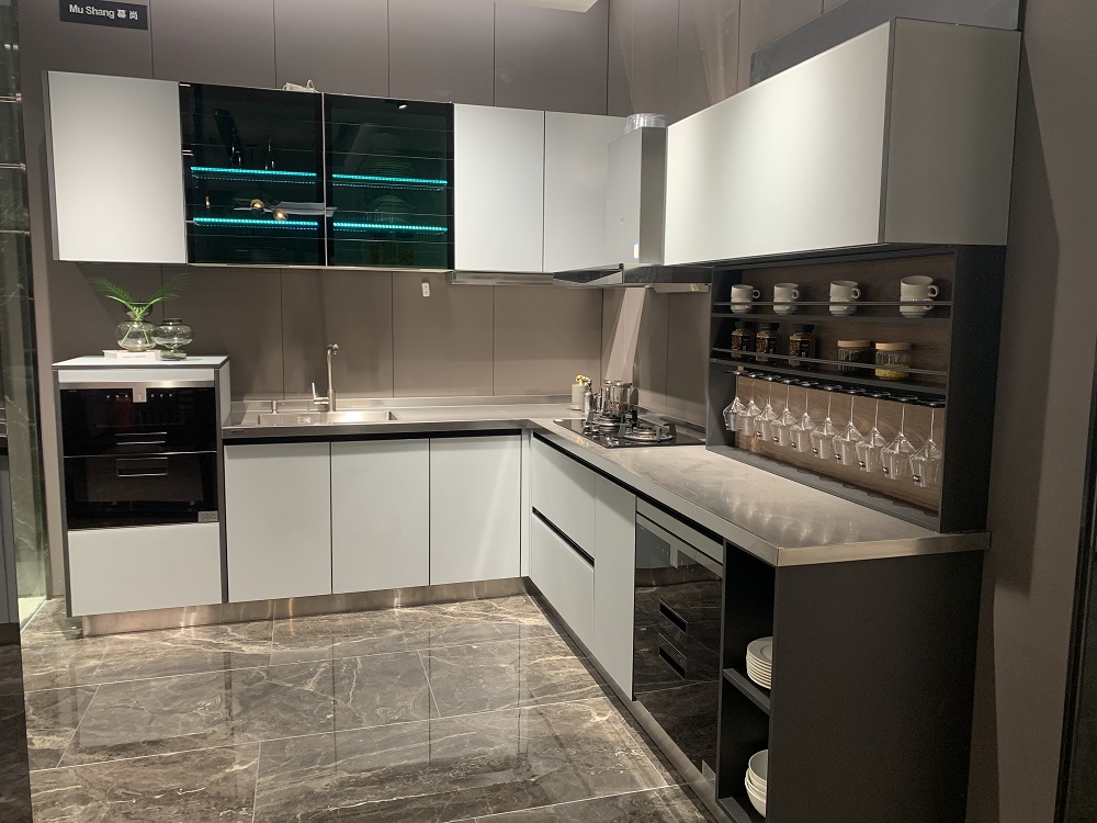 Customized Modern White Metal Kitchen Cabinets Stainless Steel With Sink
