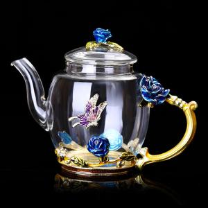Wholesale 380ml Floral Glass Teapot With Gold Leaves Edge Floral Vintage Teapot Set from china suppliers