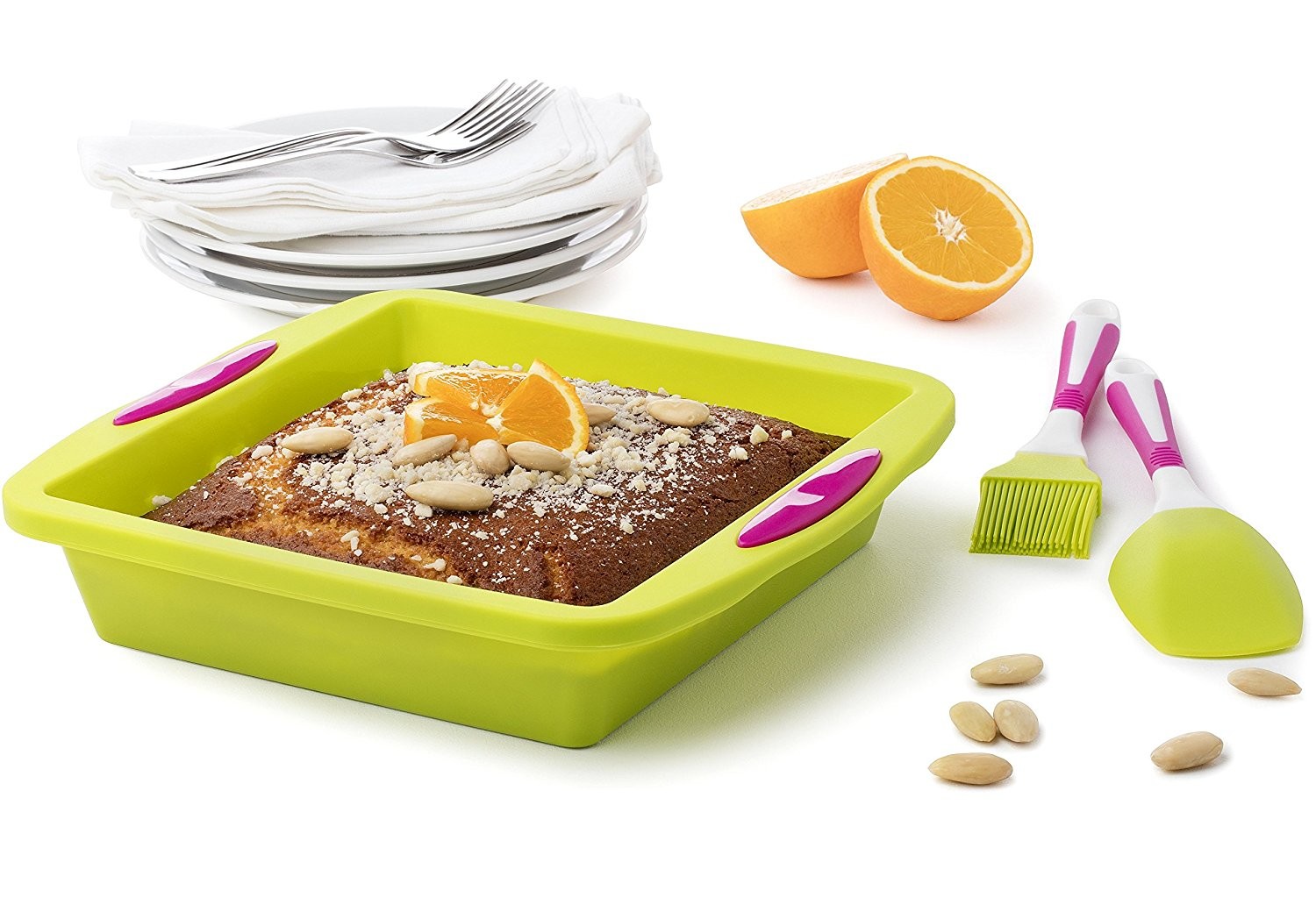 Square Cake Pan Baking Mold MeatLoaf bread Pie set with Spatula and Brush Extra Thick and Solid Silicone