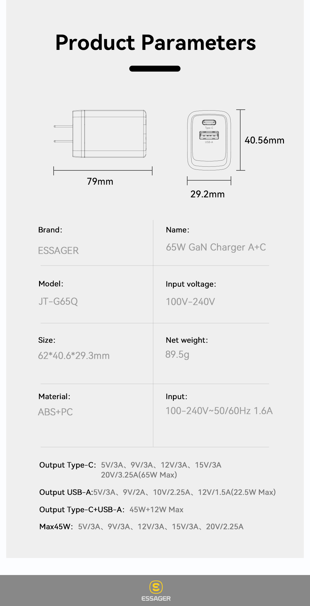 ESSAGER JT-G65Q Series Portable Fast Charger 65W For Android Phone Charger