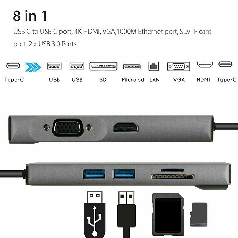 8-In-1 USB C Hub Type-C Type C 3.1 To 4K HDMI HDTV RJ45 Lan Ethernet PD USB3.0 Adapter Hub