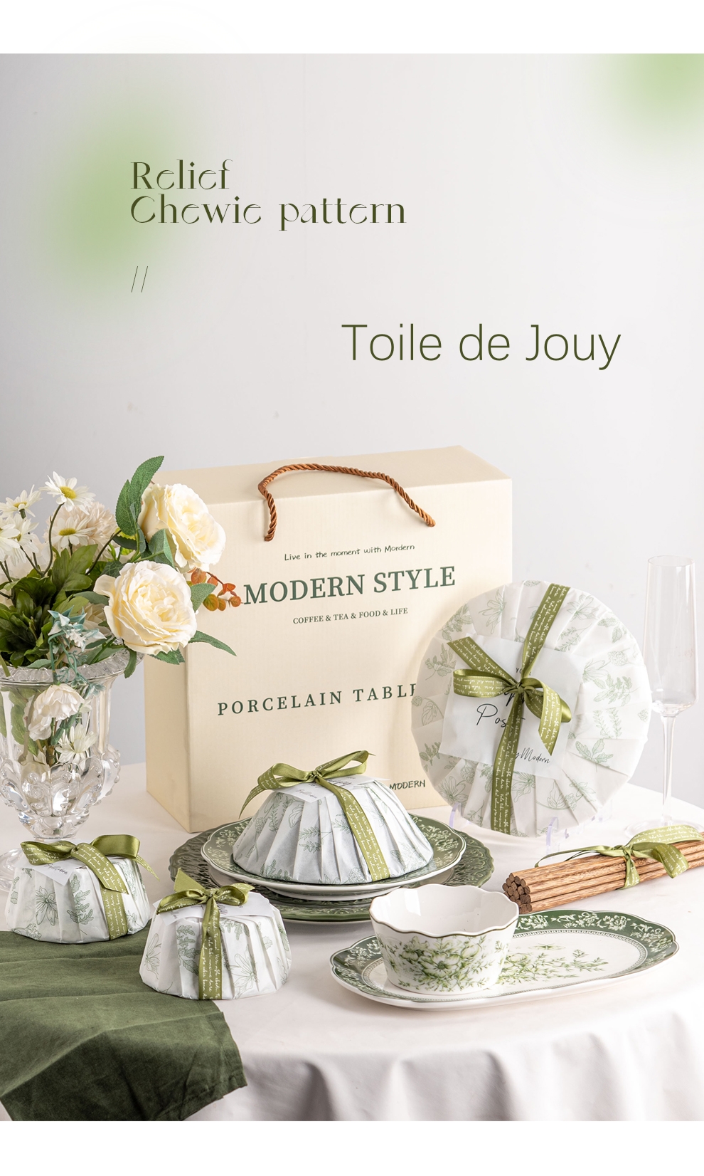 European And British Influence Green Porcelain Dinnerware Set For Sustainable Dining