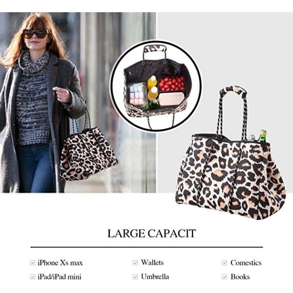 Large Leopard Print Purse Neoprene Tote Cross Body Bag Folding Reusable