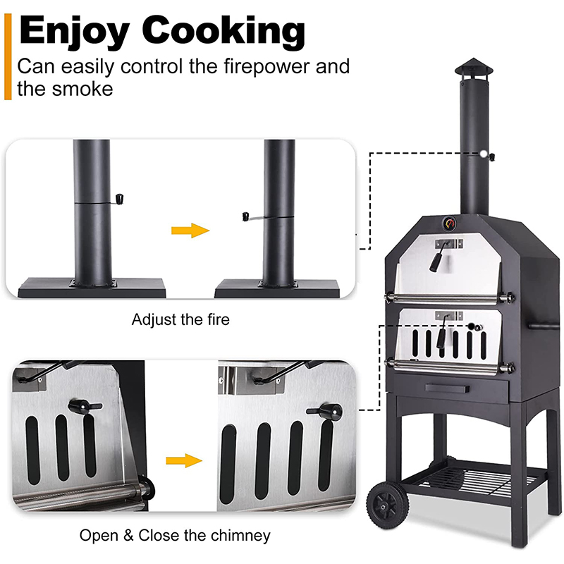Wood Fired Coal Charcoal Stove Pizza Maker Trolley for Outdoor Patio Cooking Area 49*35cm