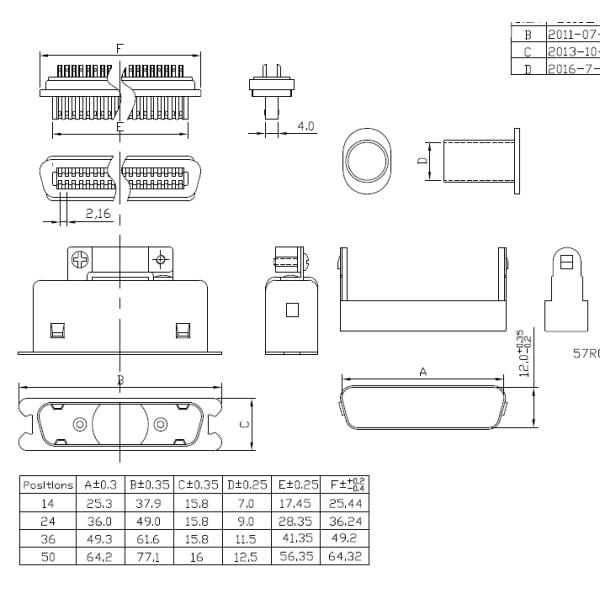 Male Plug 14 Pin 24 Pin 36 Pin Solder Connector with T Shape metal hood