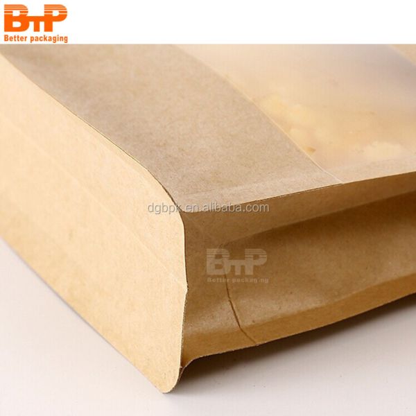 Custom Flat Bottom Stand up Zipper Brown Kraft Paper Resealable Nuts Food Doypack Packaging Pouches Bag With Clear Window
