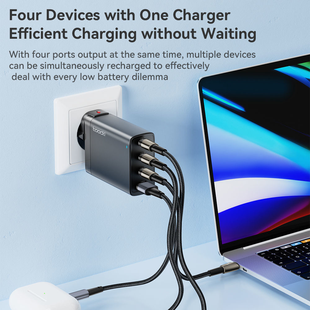 High quality 100W Four-Port GaN Wall Charger with 2 USB-C (100W, 18W) & 2 USB-A Ports (12W) with PD for Laptops