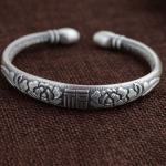Women Sterling Silver Cuff Bracelet Engraved Fowers Blessings Retro Bangle
