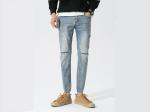28-36 Lignt Blue Jeans Men'S Denim Pants With Rips Slim Fit Cotton Fabric