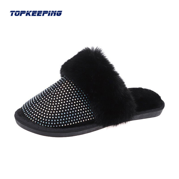 Diamond Decoration Open Heel Womens Faux Fur Slippers