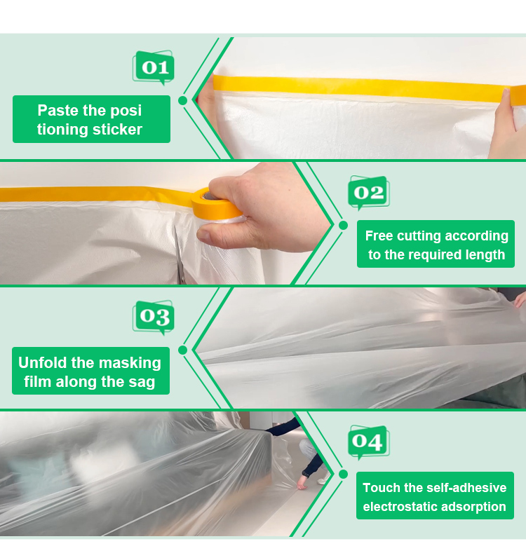 Green Taped Protective Anti Outdoor Paper Pre Taped Masking Film 16m
