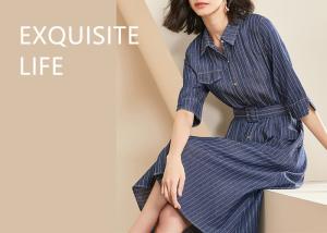 Wholesale 100% Cotton Belted Denim Dress Stripe Denim Button Through Long Skirt Indigo Color from china suppliers